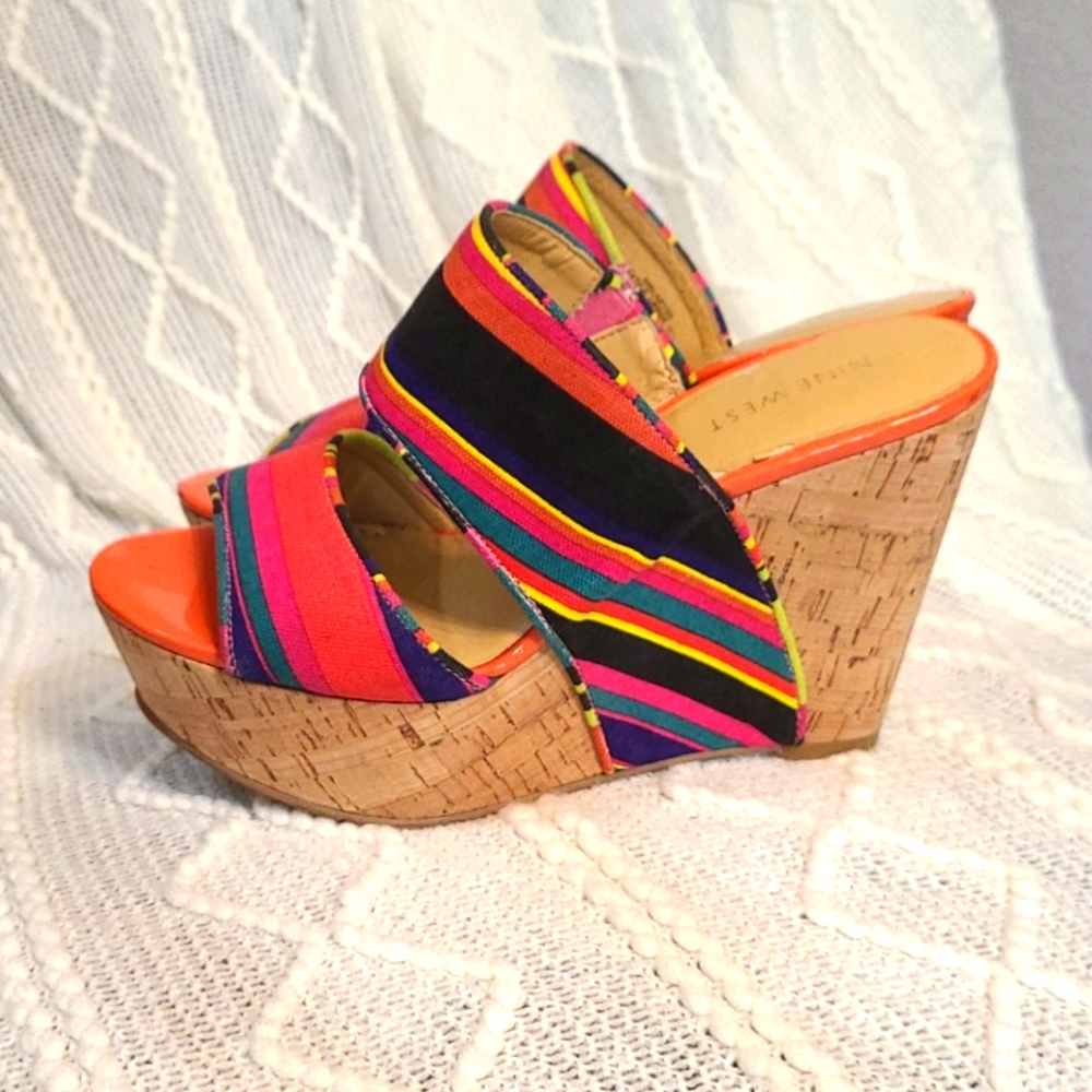 Nine West Open Toe Slip on Wedge Cork Heels